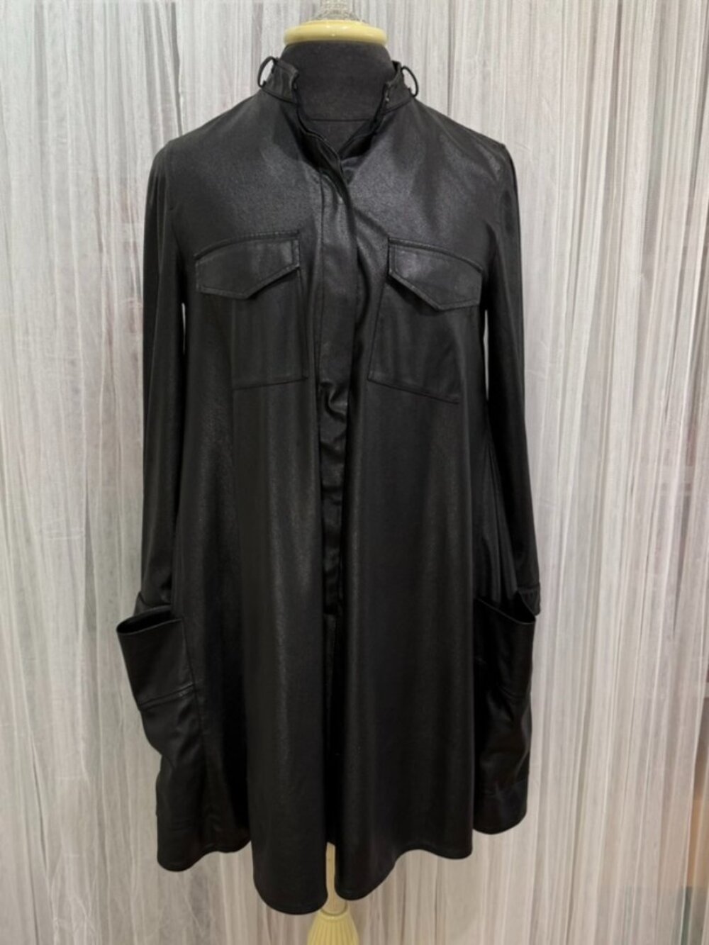 BCBGMAXAZRIA Emilee Faux Leather Black Longline Shirt Dress XS Wednesday